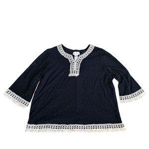Alfred Dunner Women's‎ XL Blue Crochet Trim Tunic Blouse 3/4 Sleeve